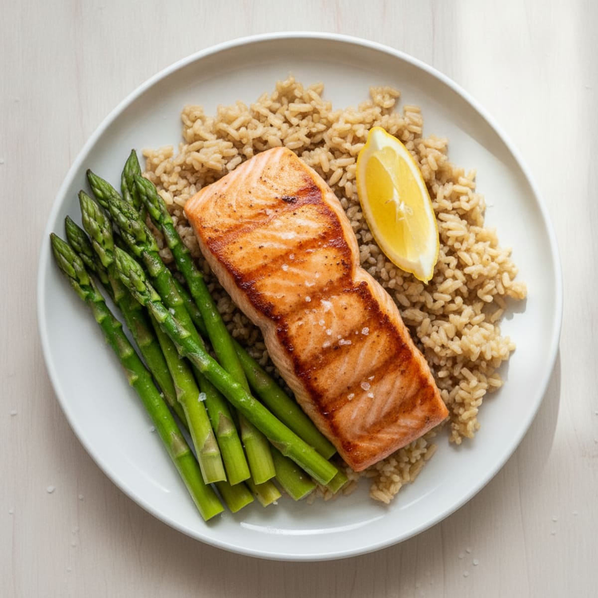 Seared Salmon with Steamed Asparagus and Brown Rice