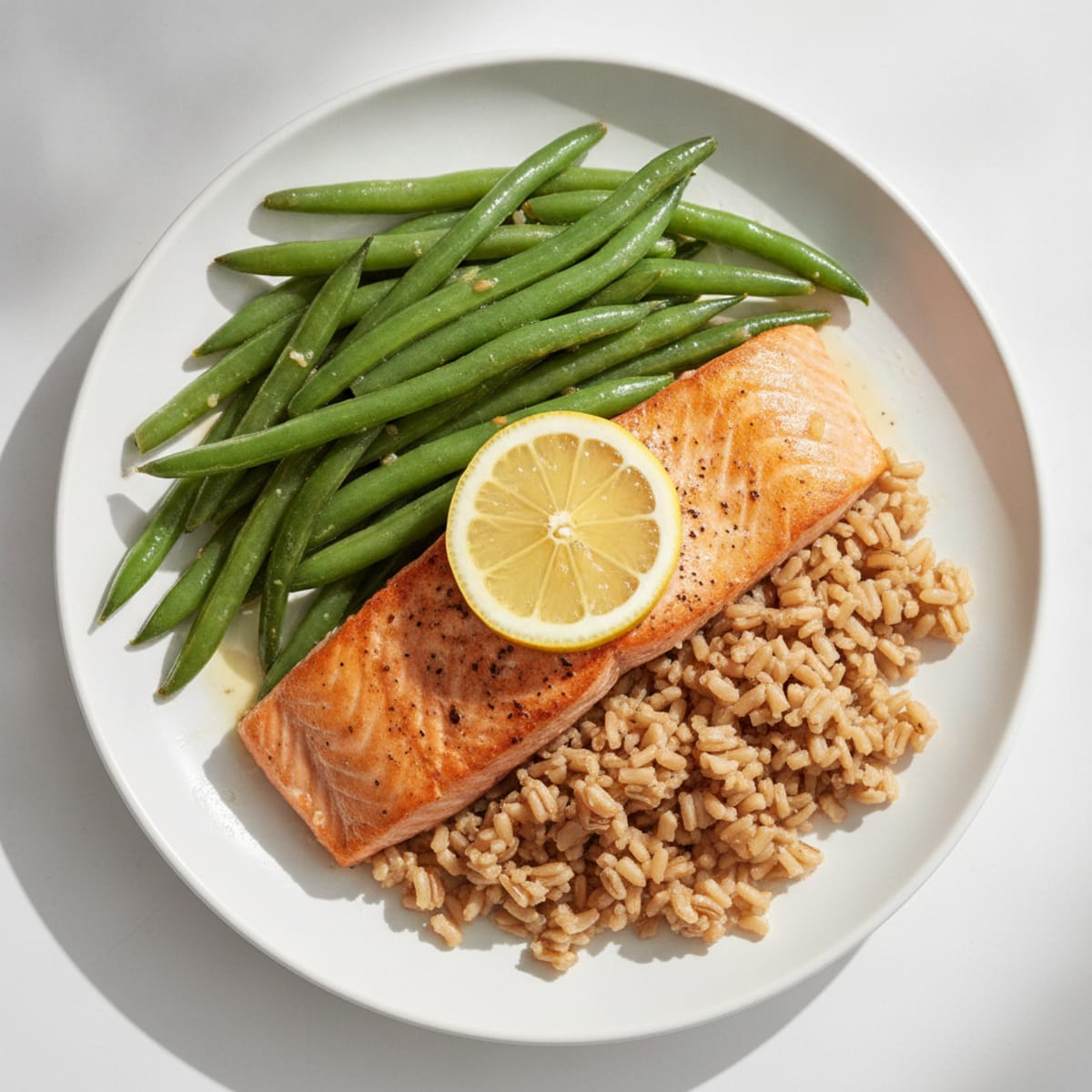 Seared Salmon with Steamed Green Beans and Brown Rice