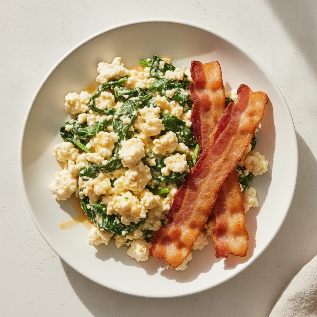 Cottage Cheese Scramble with Spinach and Turkey Bacon