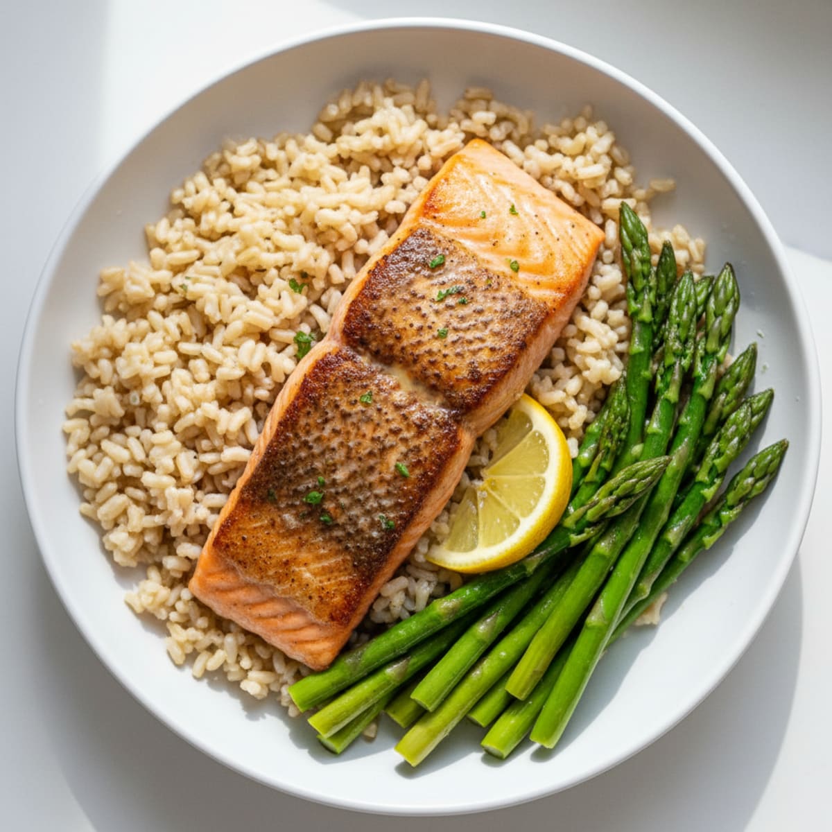 Seared Salmon with Steamed Asparagus and Brown Rice