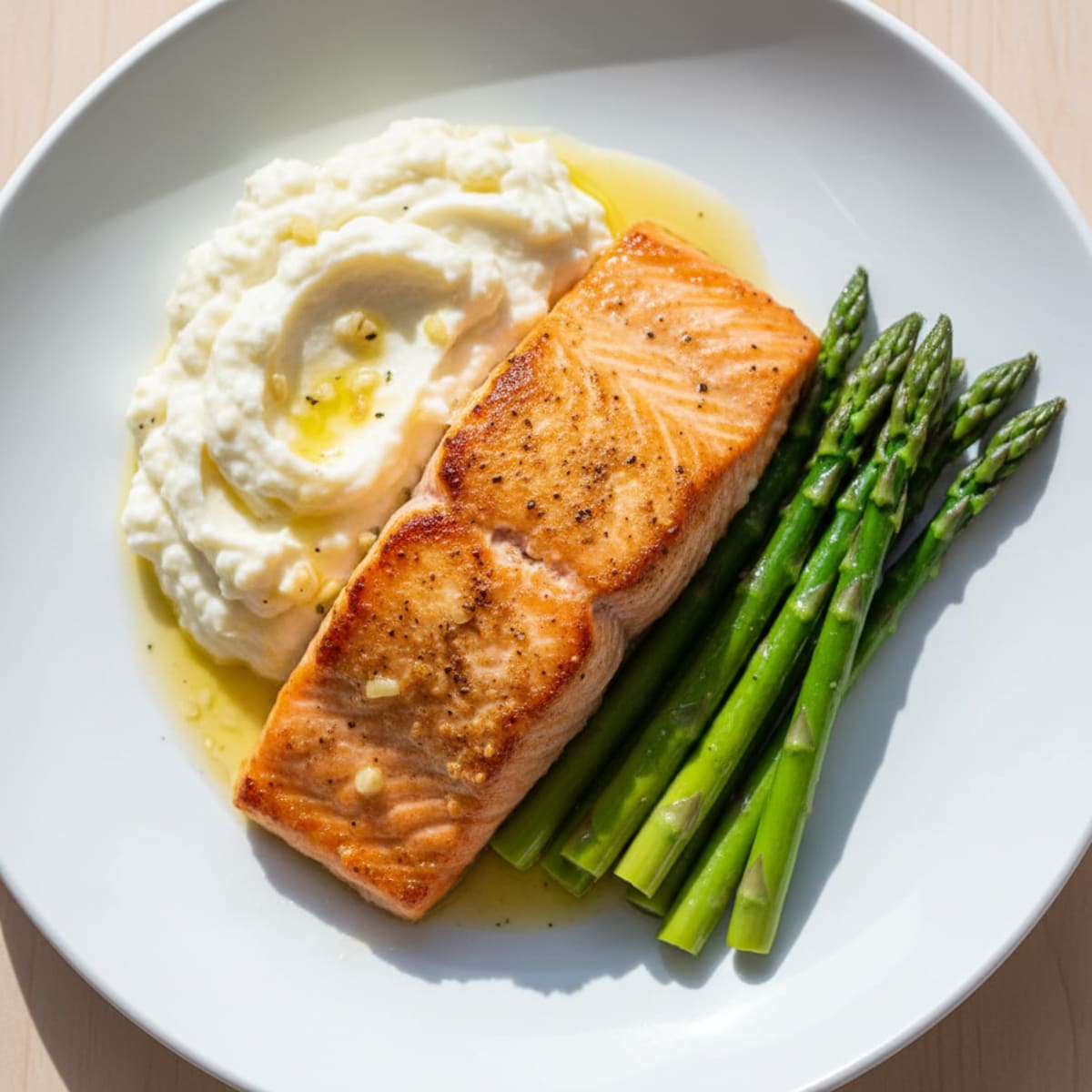 Seared Salmon Fillet with Steamed Asparagus and Garlic Mashed Cauliflower