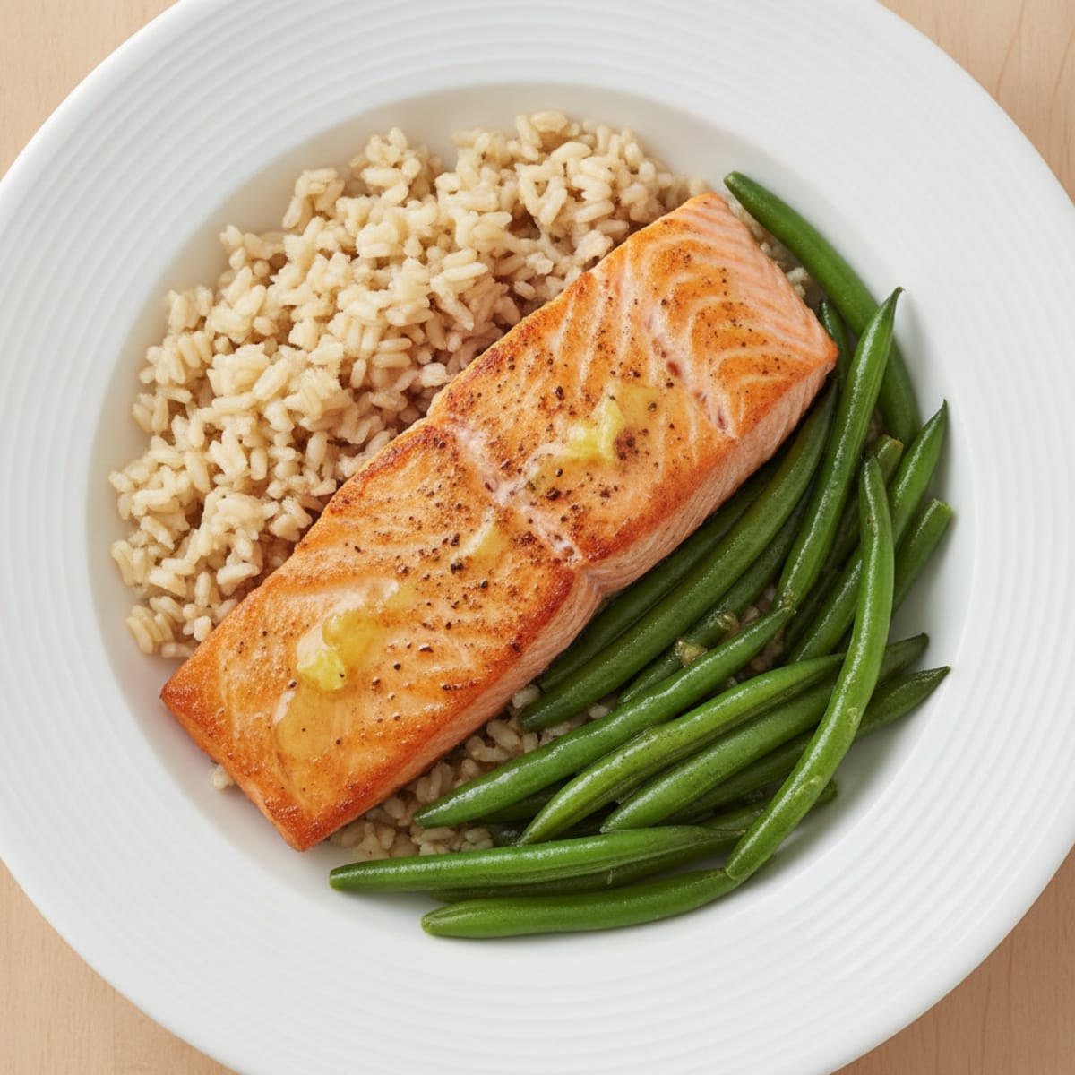 Seared Salmon with Steamed Green Beans and Brown Rice