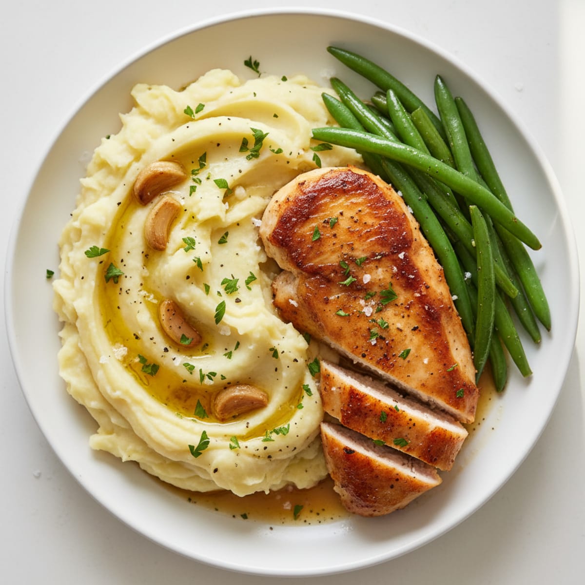 Garlic Olive Oil Mashed Yukon Potatoes with Herb-Seared Chicken