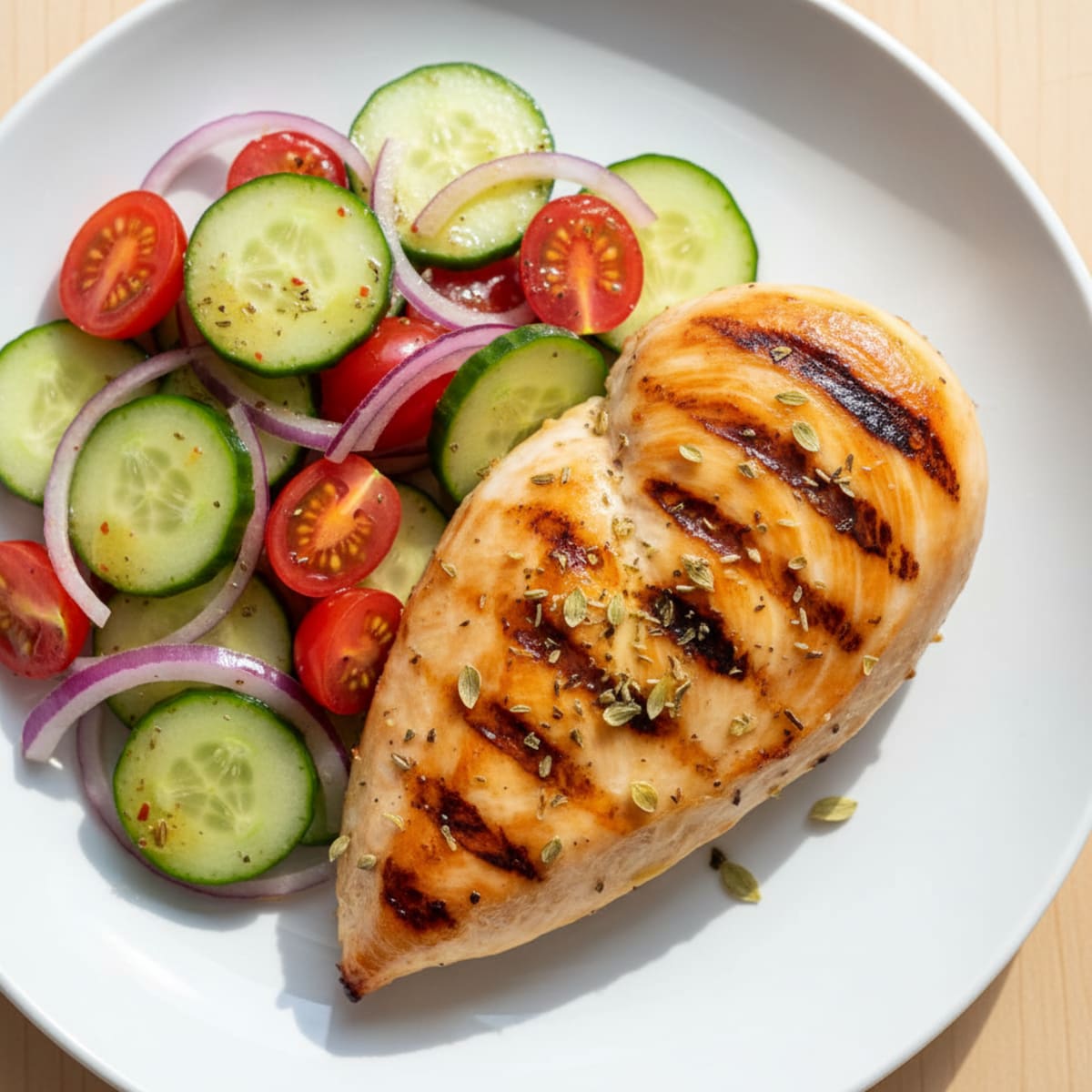 Grilled Chicken Breast with Crisp Cucumber Tomato Salad
