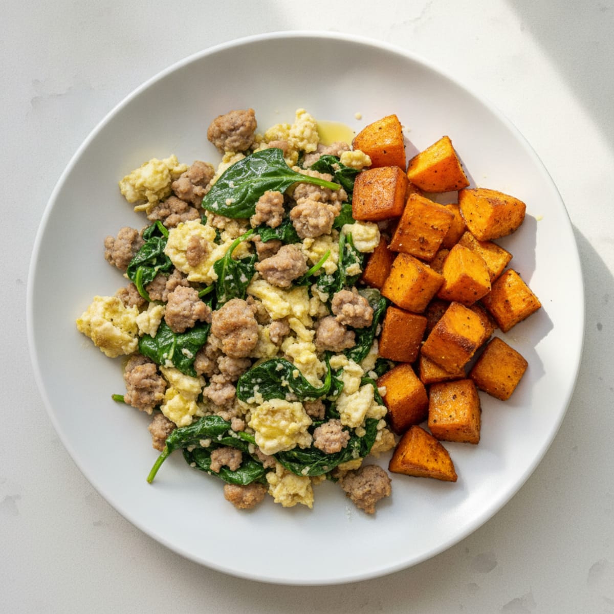 Egg White and Turkey Sausage Scramble with Spinach and Roasted Sweet Potatoes