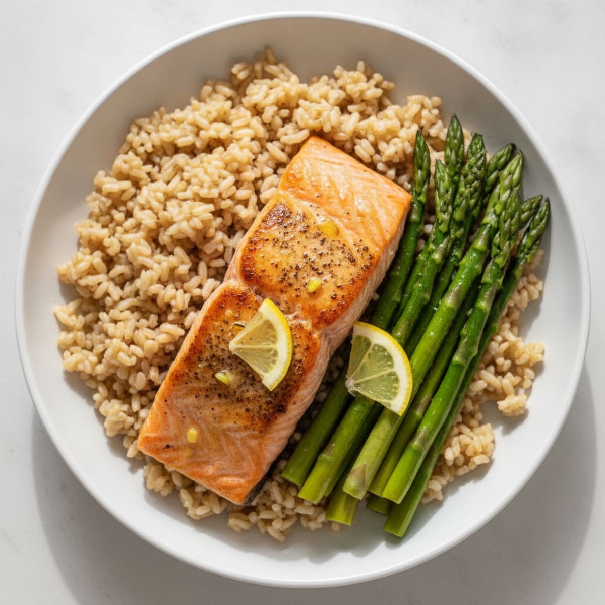 Seared Salmon Fillet with Steamed Asparagus and Brown Rice