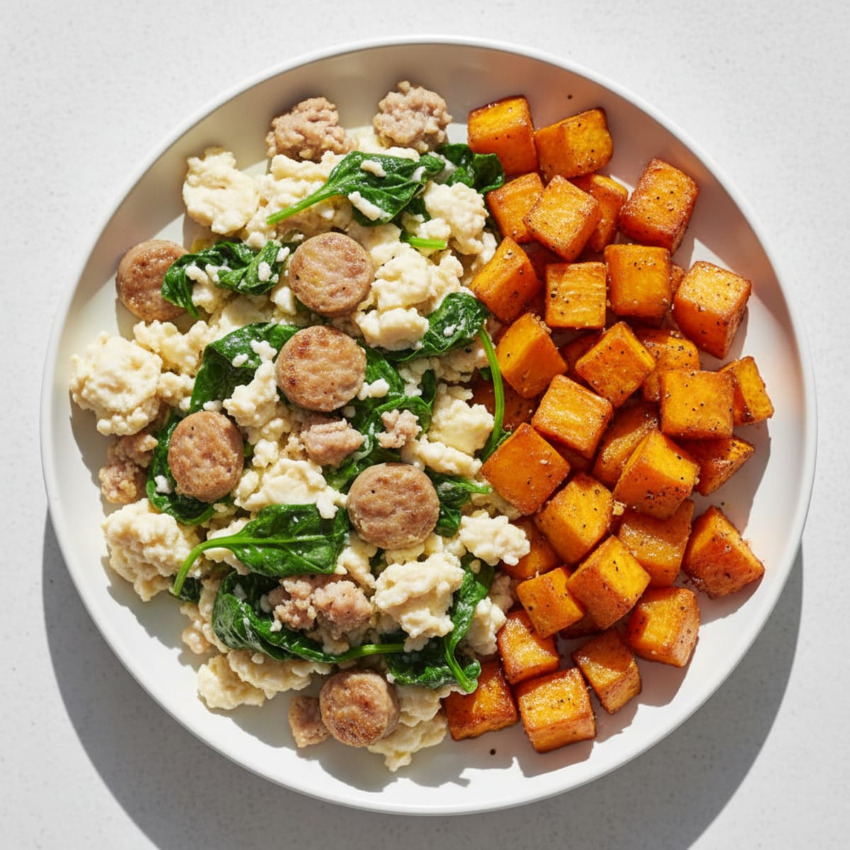 Egg White and Turkey Sausage Scramble with Spinach and Roasted Sweet Potato