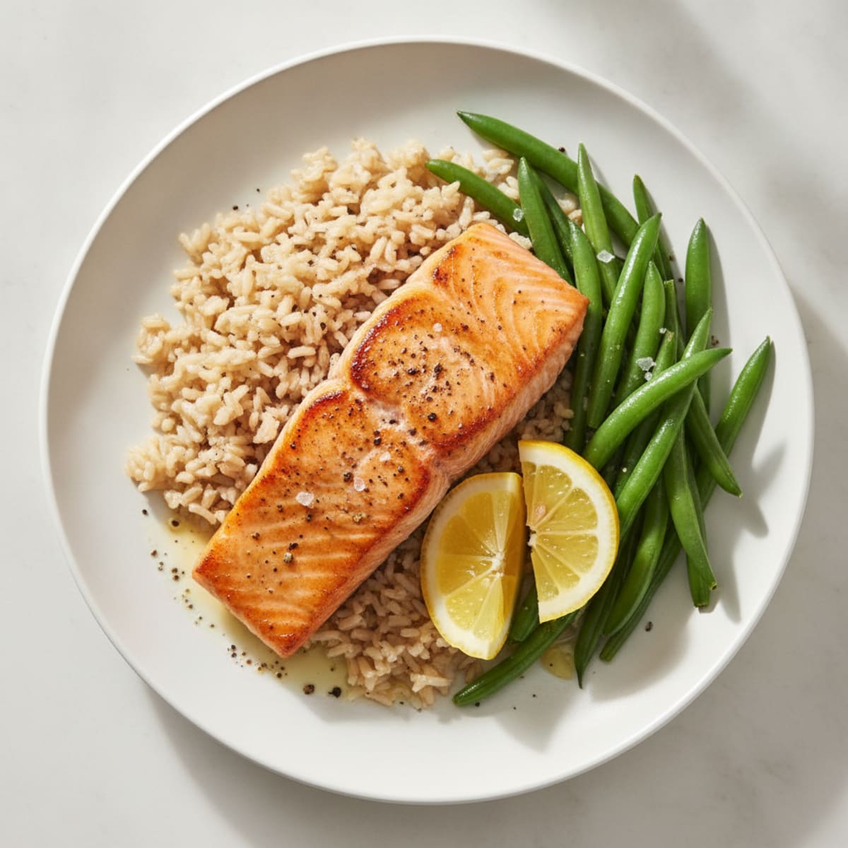 Seared Salmon Fillet with Steamed Green Beans and Brown Rice