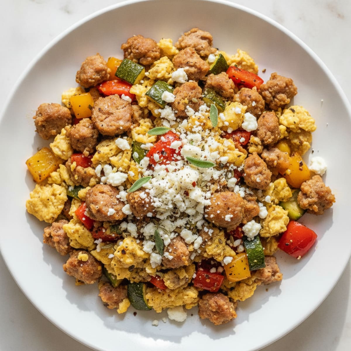 Sausage and Feta Scramble with Roasted Vegetables