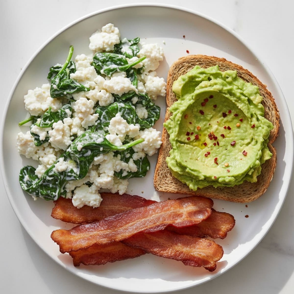 Egg White and Cottage Cheese Scramble with Spinach and Turkey Bacon