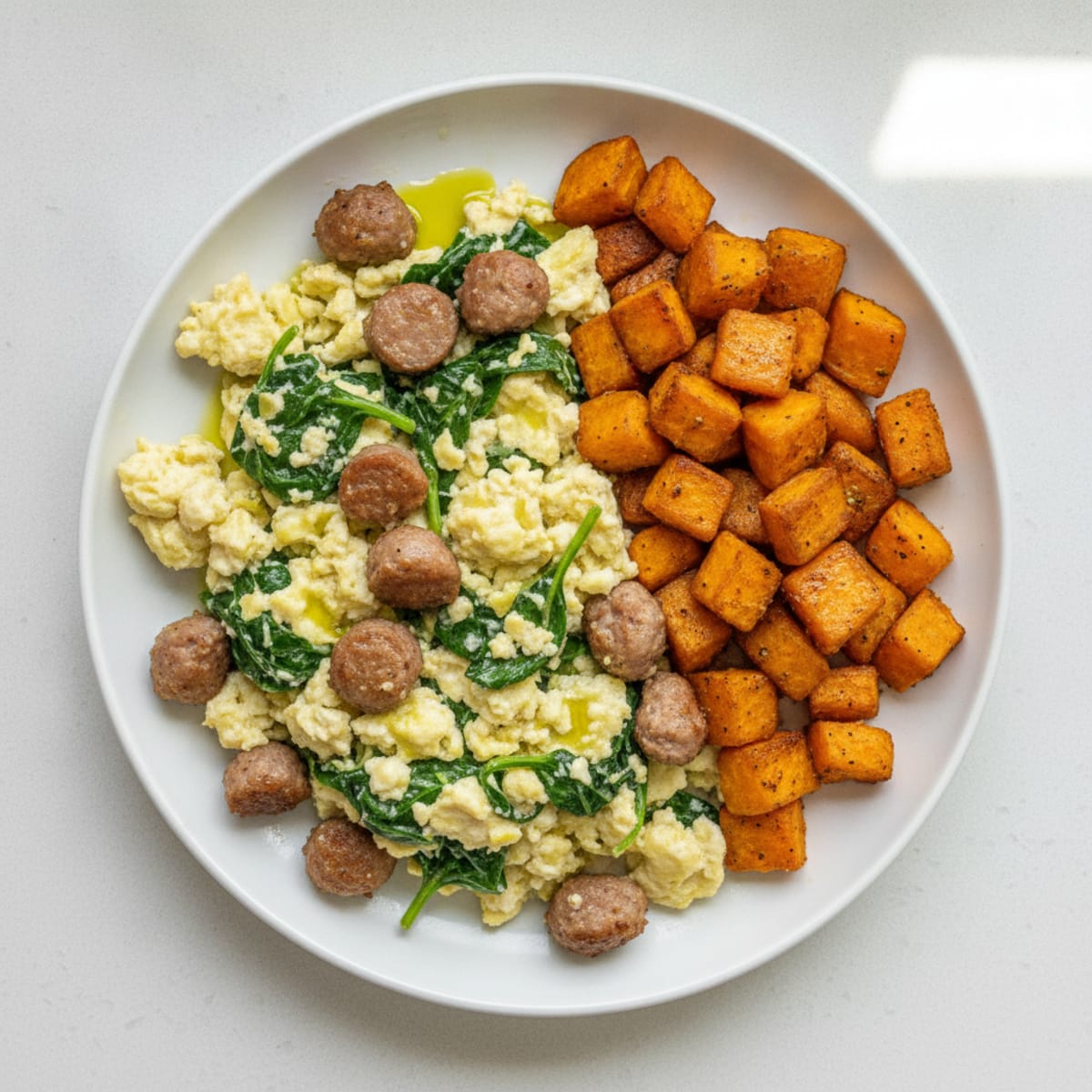Egg White and Turkey Sausage Scramble with Spinach and Roasted Sweet Potatoes