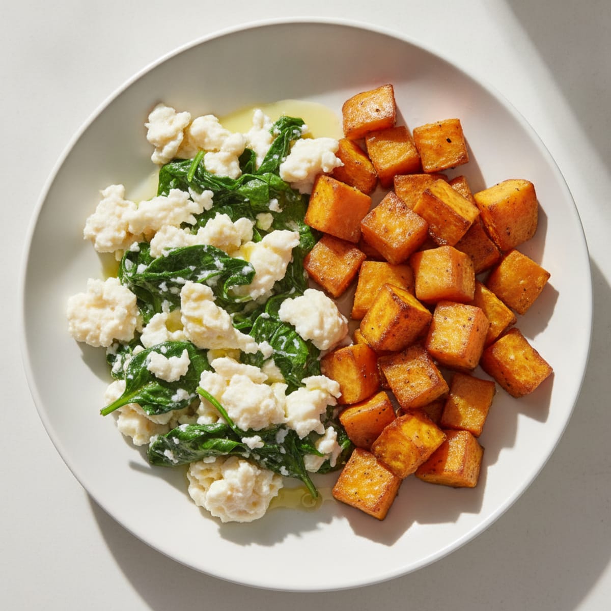 Egg White Spinach Scramble with Roasted Sweet Potato