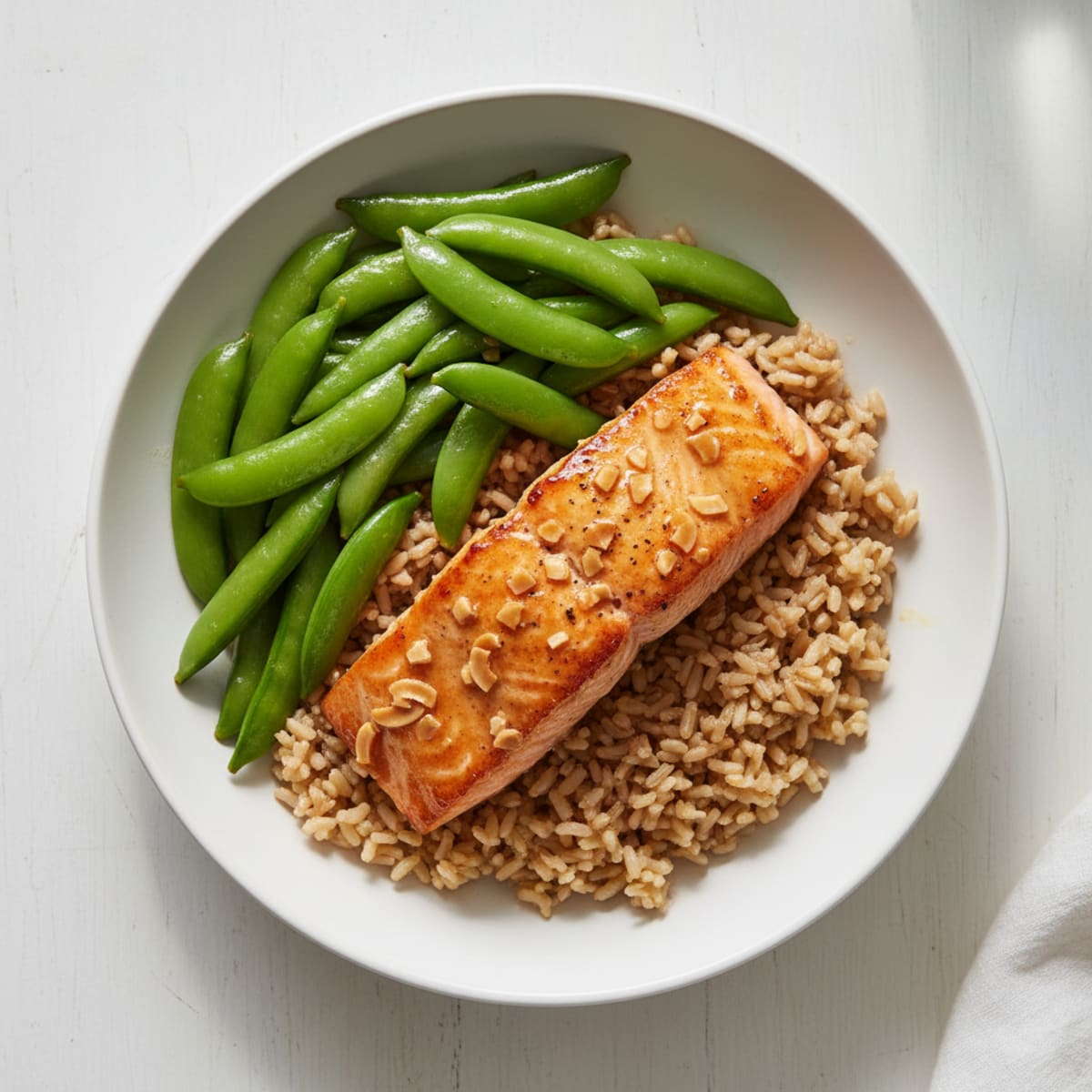 Seared Salmon with Stir-Fried Snow Peas and Brown Rice