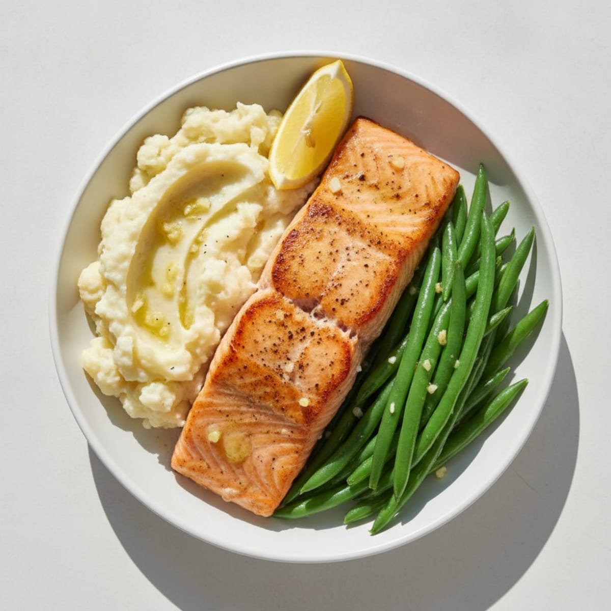 Seared Salmon with Steamed Green Beans and Garlic Mashed Cauliflower