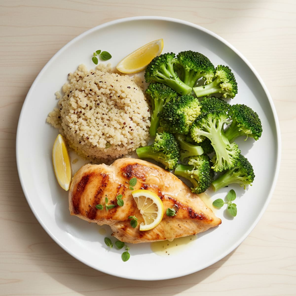Grilled Lemon Herb Chicken Breast with Steamed Broccoli and Quinoa