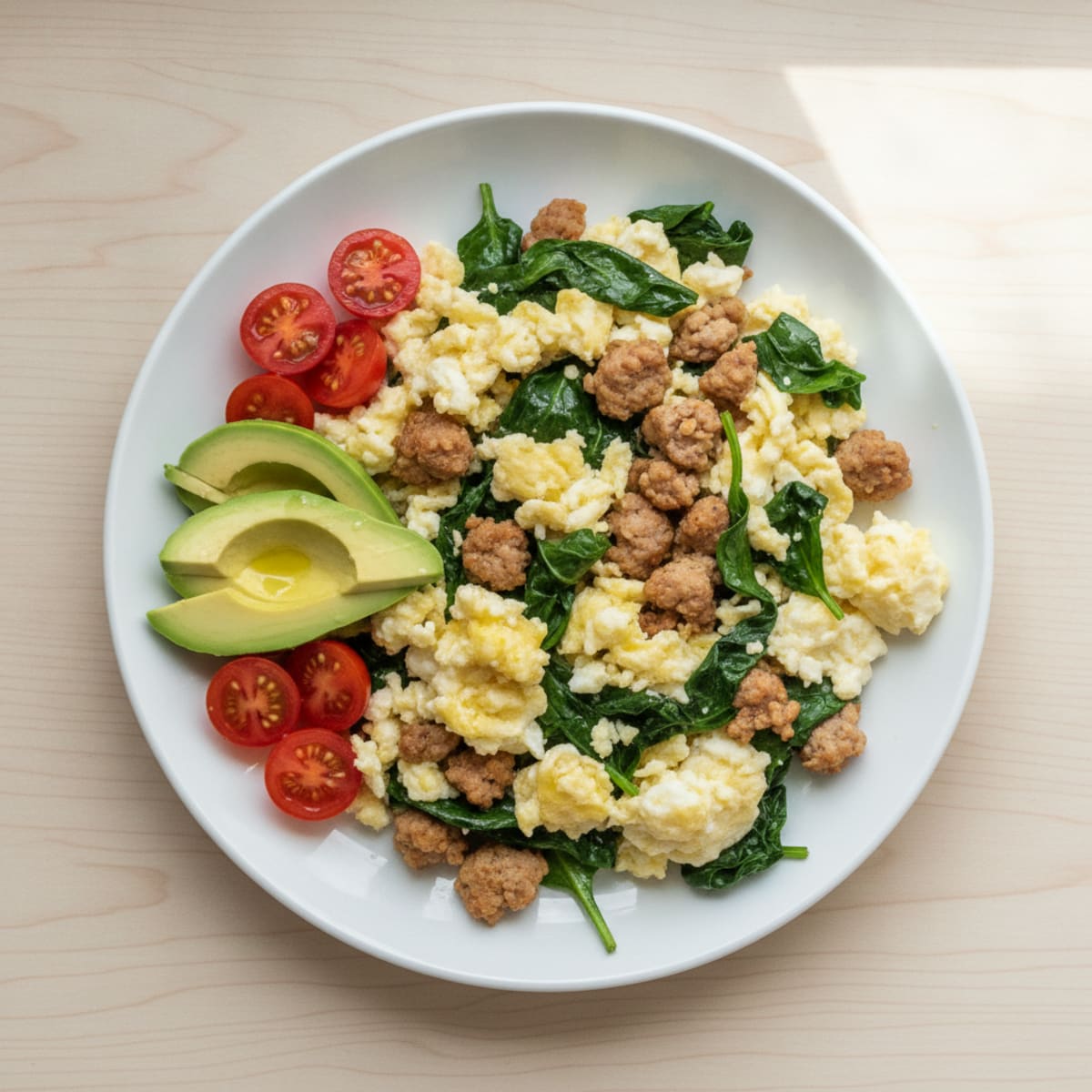 Egg White Scramble with Turkey Sausage and Sautéed Spinach
