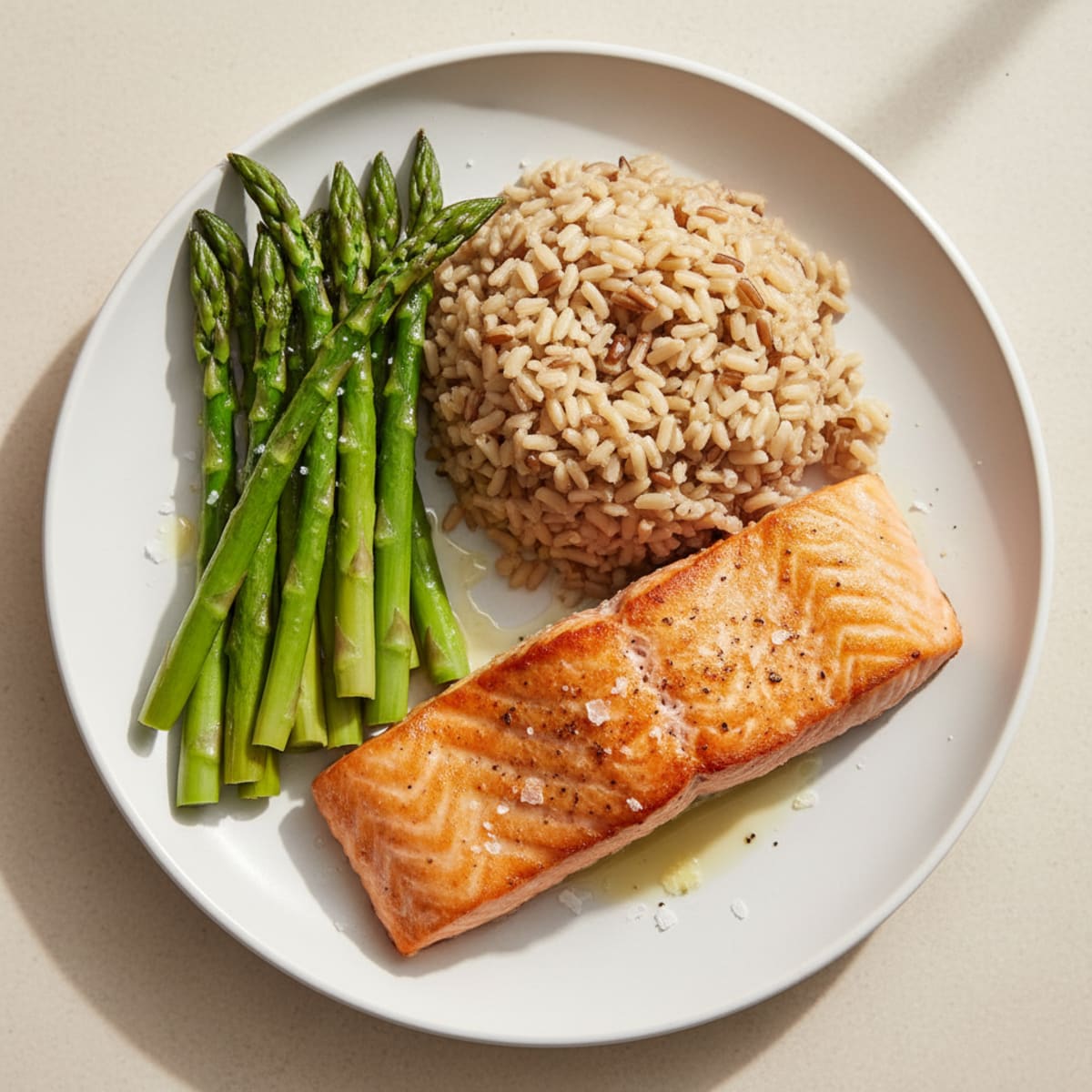 Seared Salmon with Steamed Asparagus and Brown Rice
