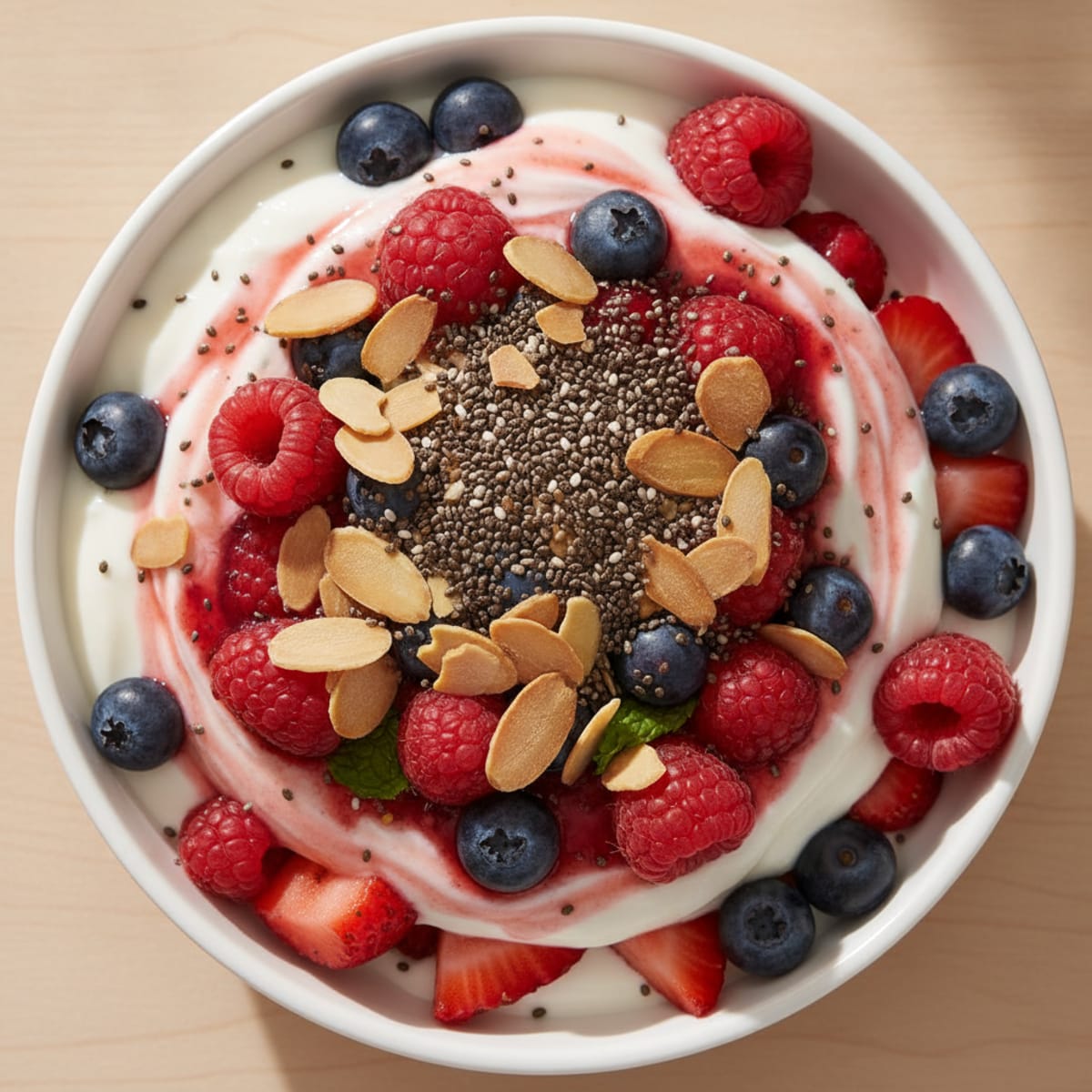 Greek Yogurt Protein Parfait with Mixed Berries and Chia Seeds