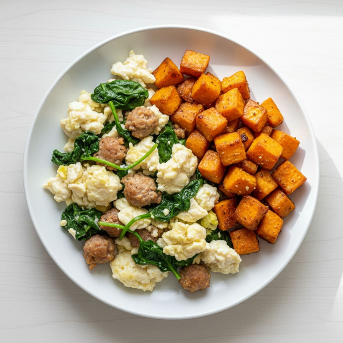 Egg White and Turkey Sausage Scramble with Spinach and Roasted Sweet Potato