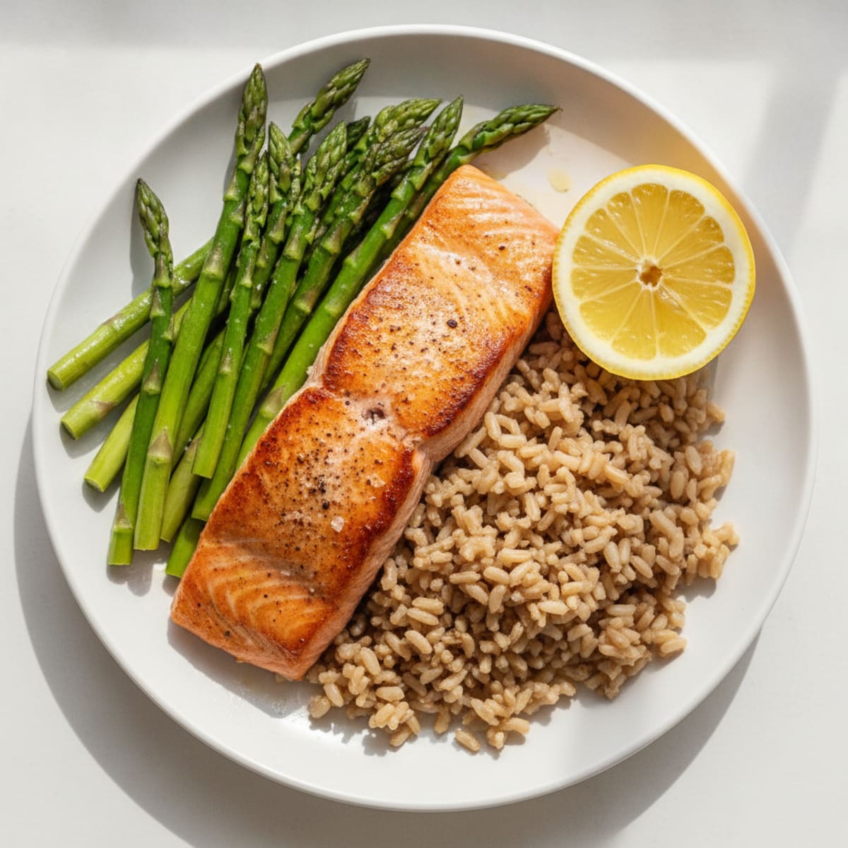 Seared Salmon with Steamed Asparagus and Brown Rice