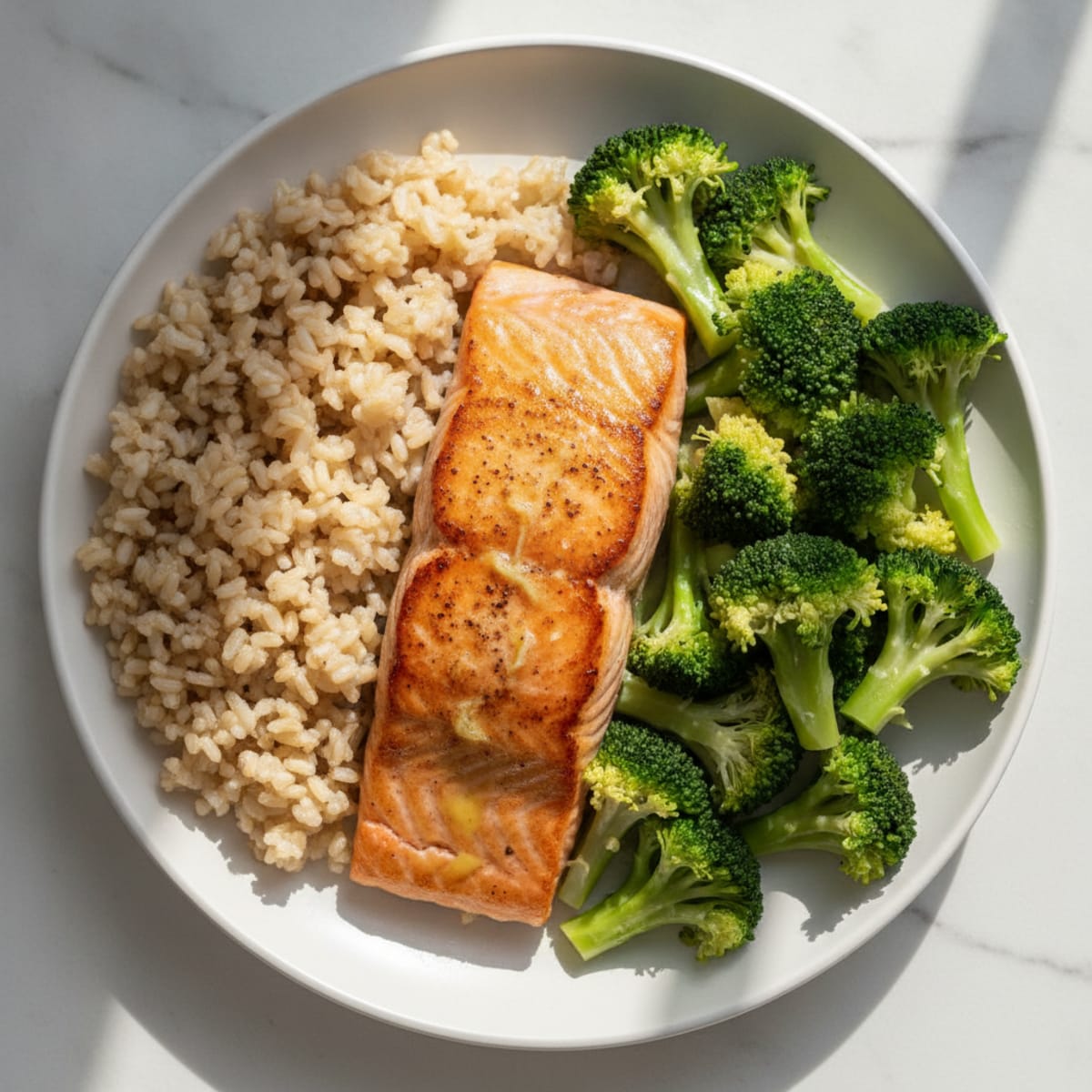 Seared Salmon with Steamed Broccoli and Brown Rice