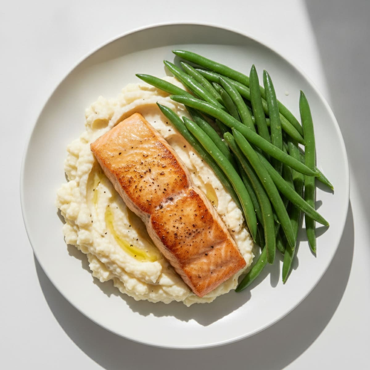 Seared Salmon with Steamed Green Beans and Garlic Mashed Cauliflower