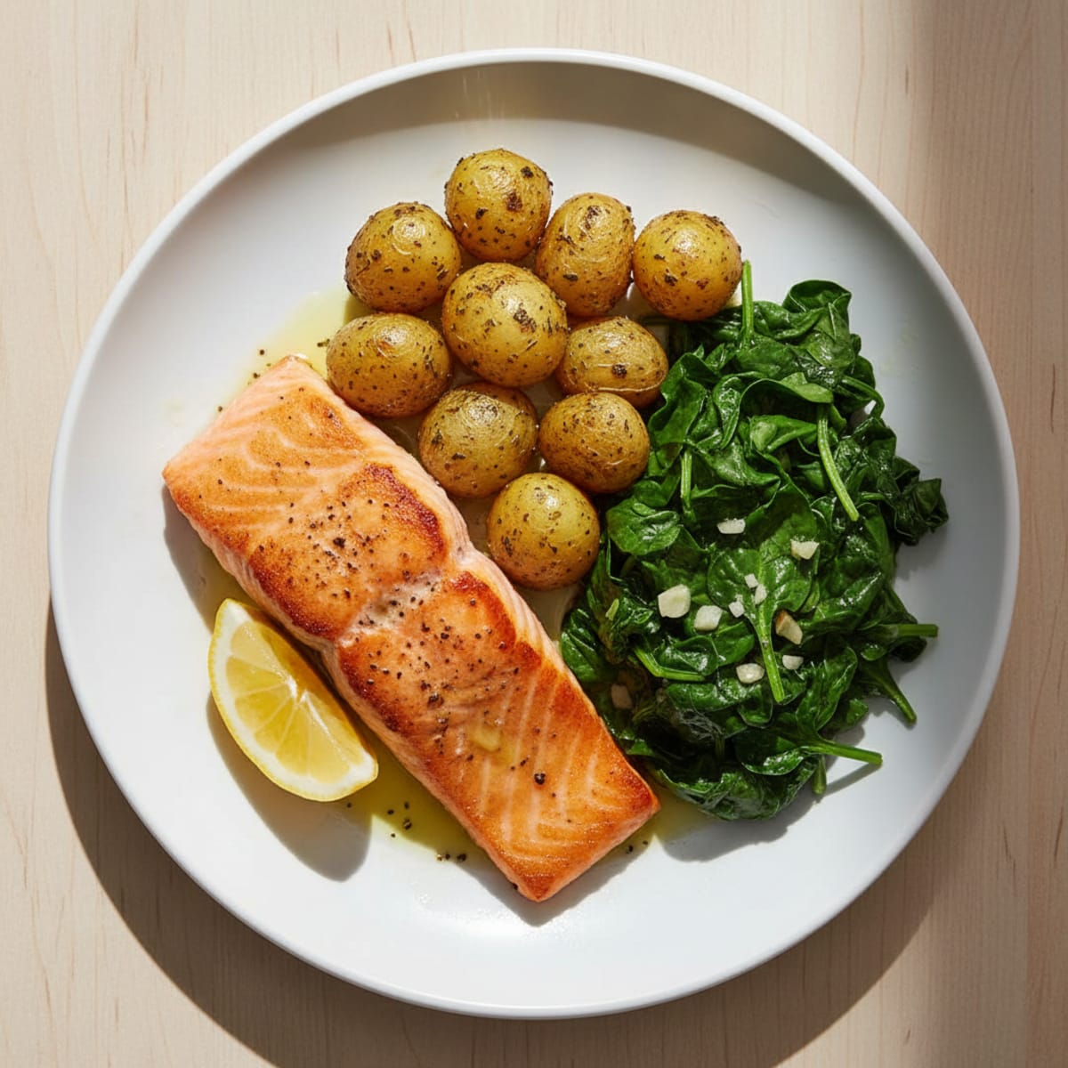 Seared Salmon Fillet with Herb-Roasted Baby Potatoes and Sautéed Spinach
