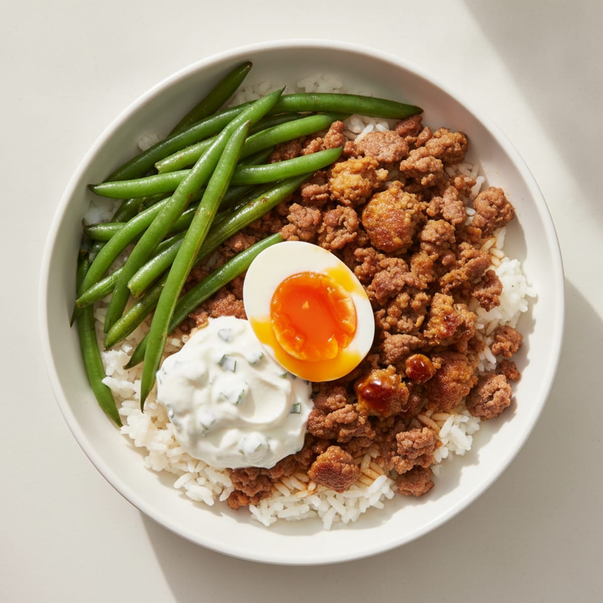 Ground Beef and Rice Bowl with Green Beans