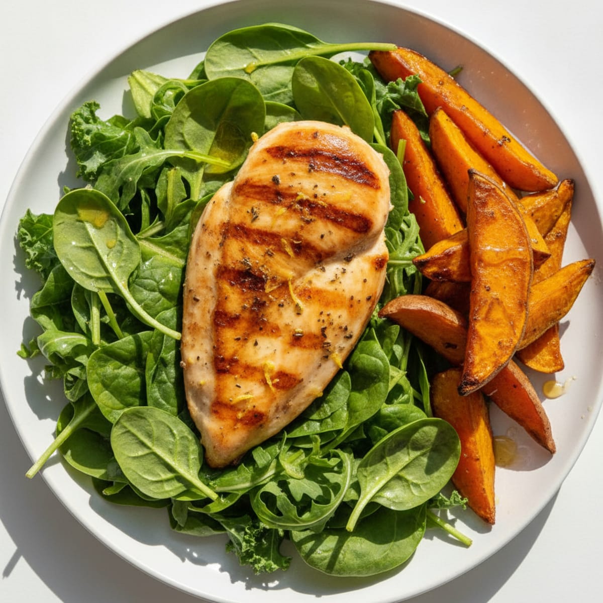 Grilled Chicken Breast with Leafy Greens, Roasted Sweet Potato and Lemon Vinaigrette