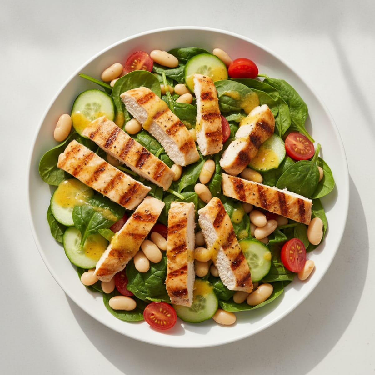 Grilled Chicken Spinach Salad with White Beans and Lemon Vinaigrette