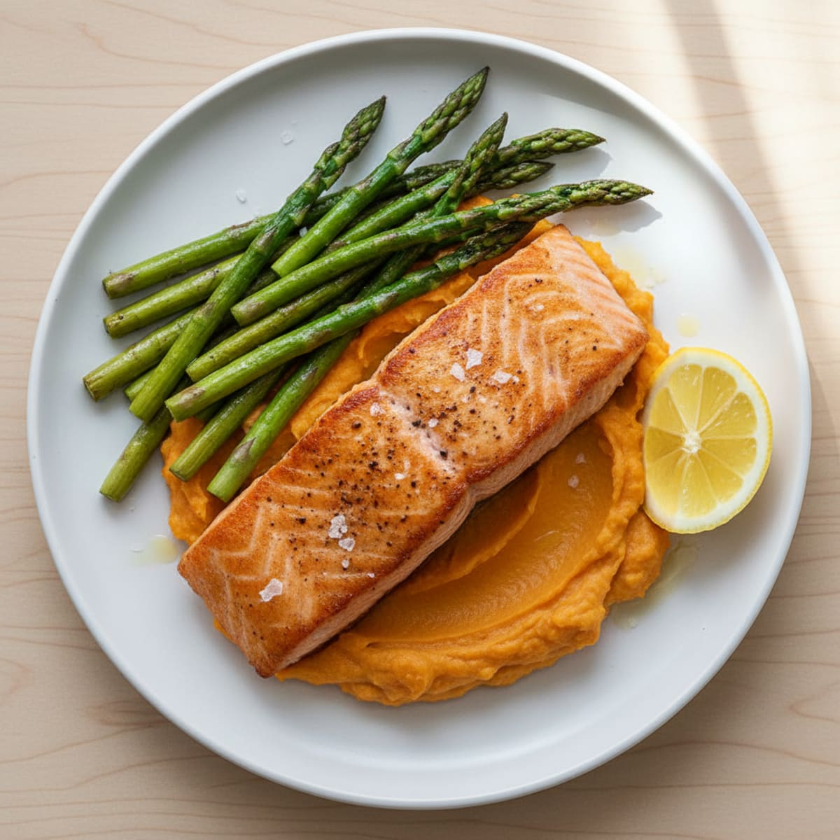 Seared Salmon with Roasted Asparagus and Sweet Potato Mash