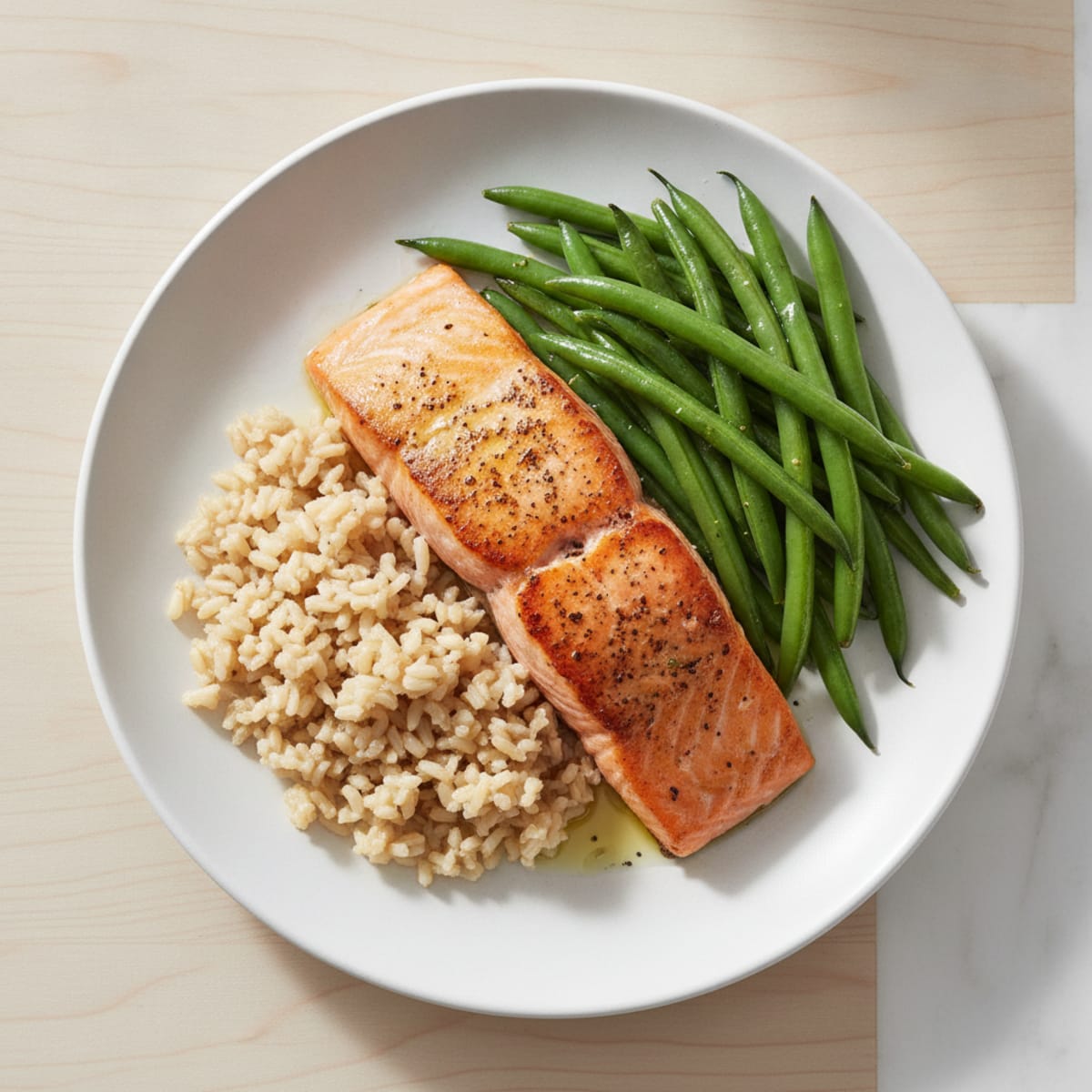 Seared Salmon with Steamed Green Beans and Brown Rice