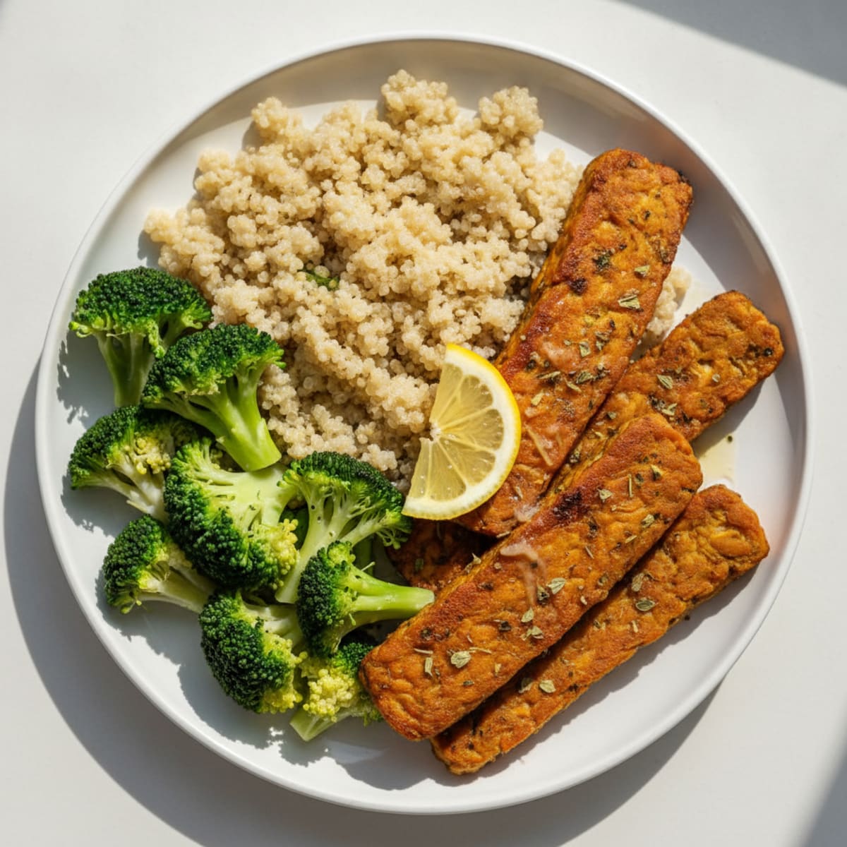 Herb-Roasted Tempeh with Steamed Broccoli and Quinoa