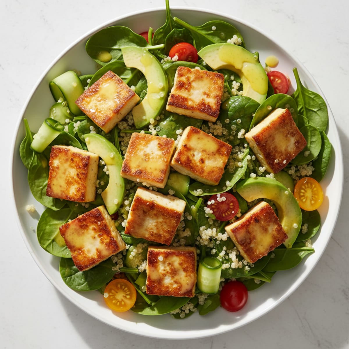 Seared Tofu and Spinach Salad with Lemon Vinaigrette