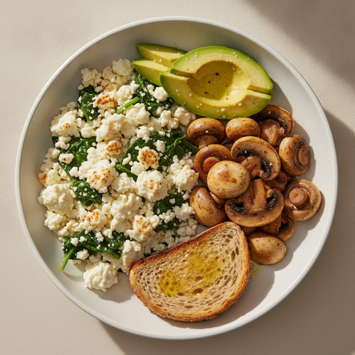Egg White Spinach Scramble with Cottage Cheese and Sautéed Mushrooms