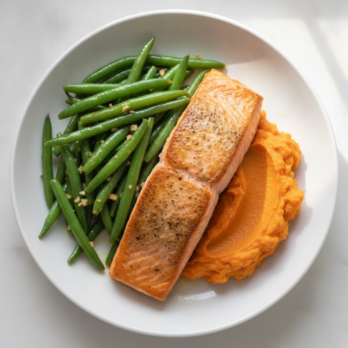 Seared Salmon with Garlic Green Beans and Sweet Potato Mash