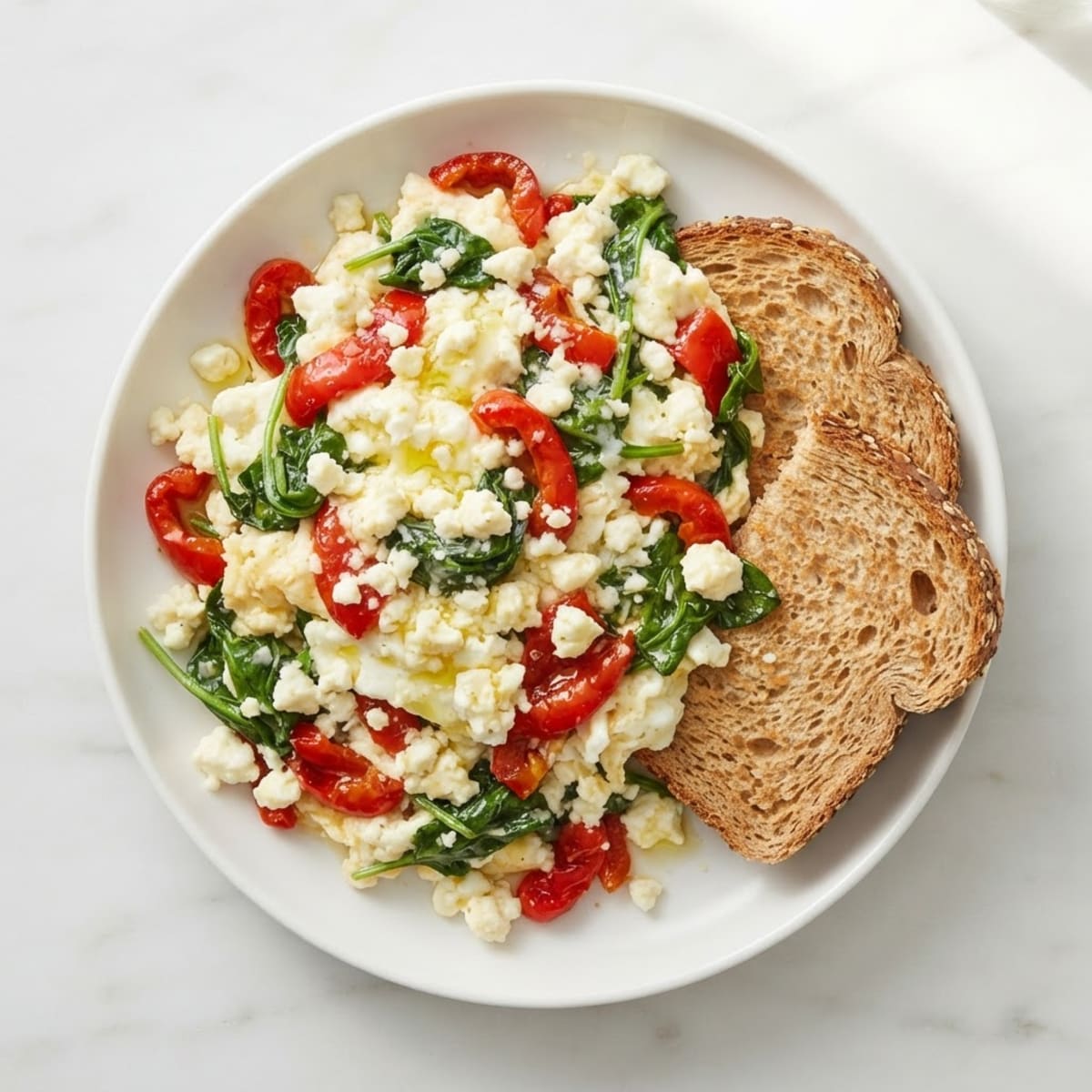 Egg White Scramble with Spinach, Feta, and Roasted Red Peppers