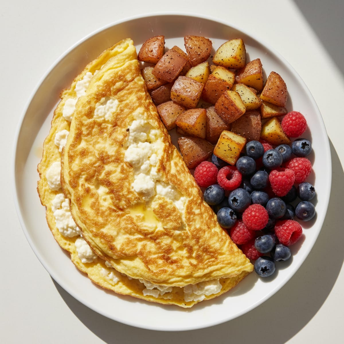 Cottage Cheese Egg Omelette with Sautéed Potatoes and Berries