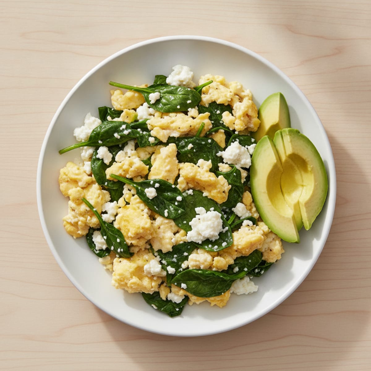 Scrambled Eggs with Cottage Cheese and Sautéed Spinach