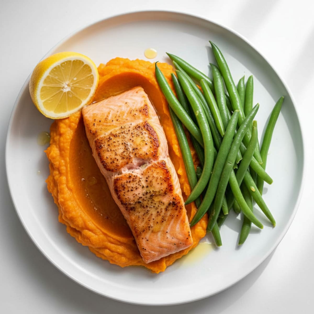 Seared Salmon with Steamed Green Beans and Sweet Potato Mash