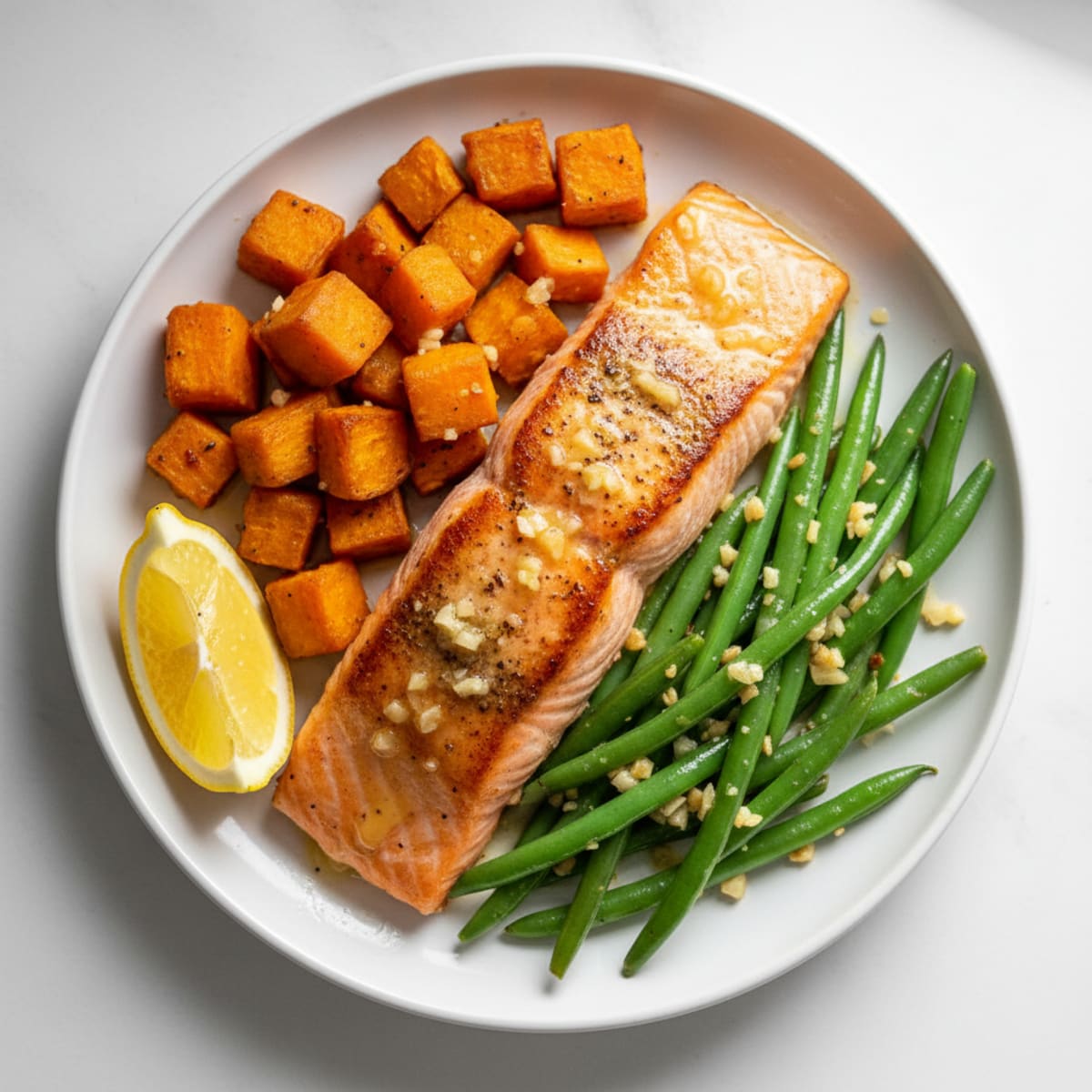 Seared Salmon Fillet with Lemon-Garlic Green Beans and Roasted Sweet Potato
