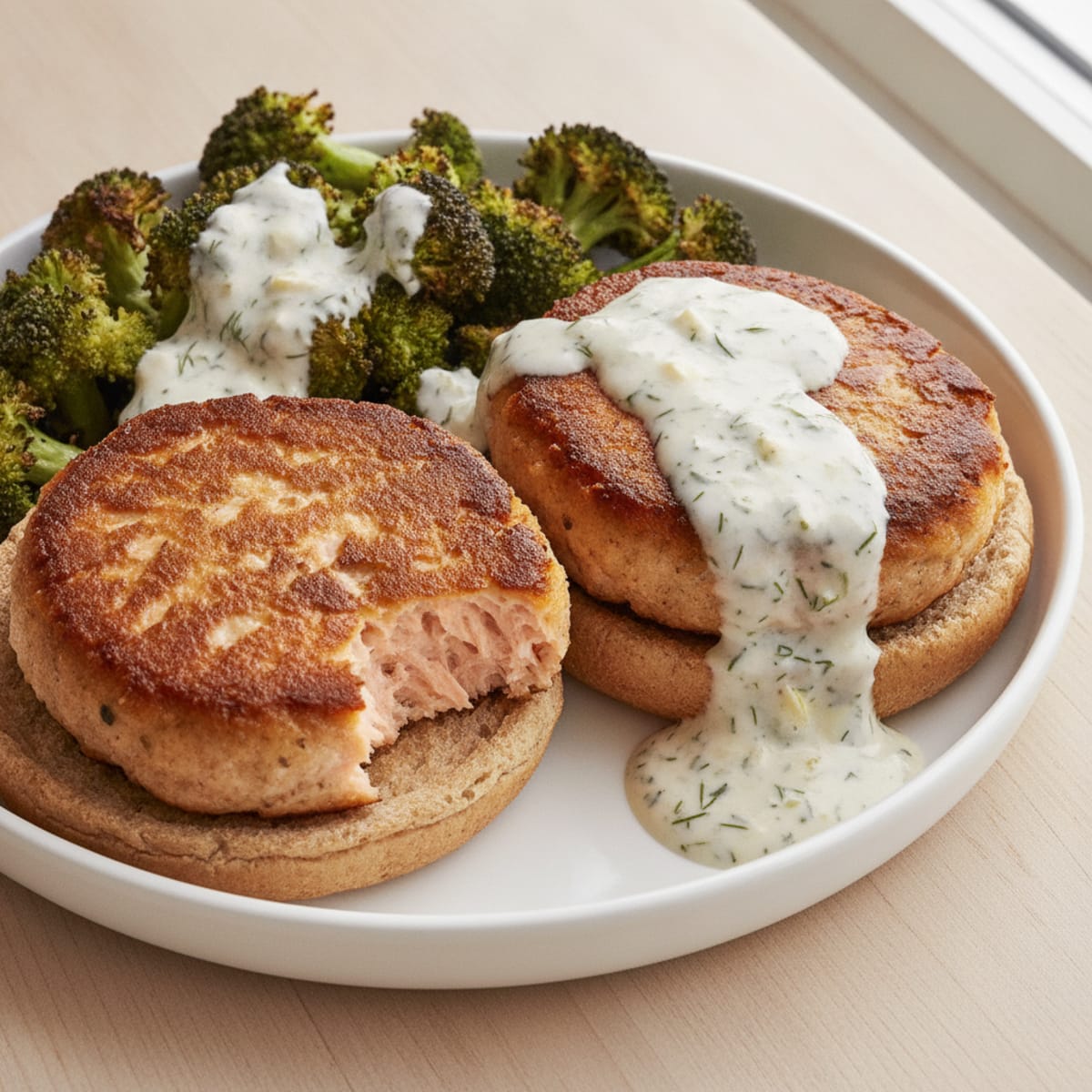 Salmon Patty with Roasted Broccoli and Yogurt