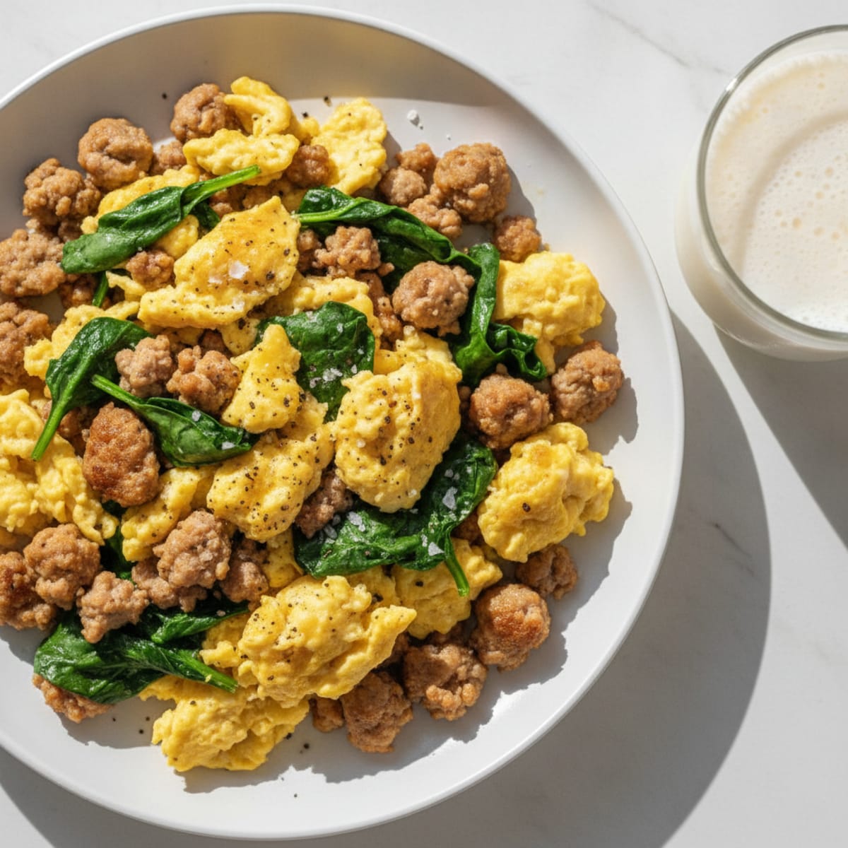 Sausage and Eggs Scramble with Protein Shake