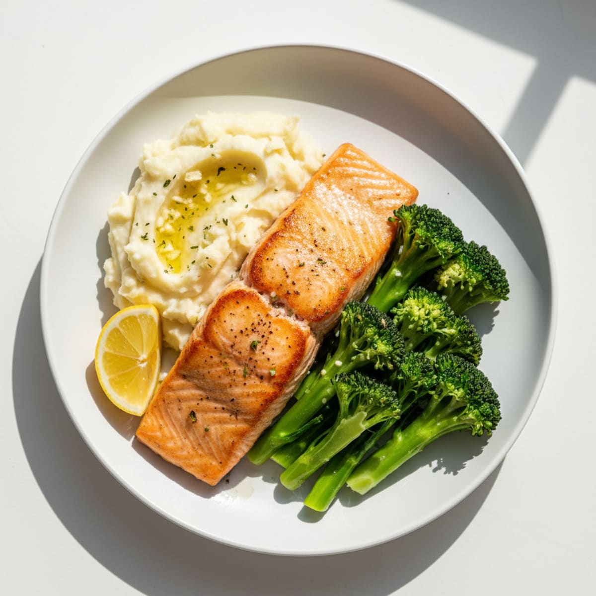 Seared Salmon with Steamed Broccoli and Garlic Mashed Potatoes