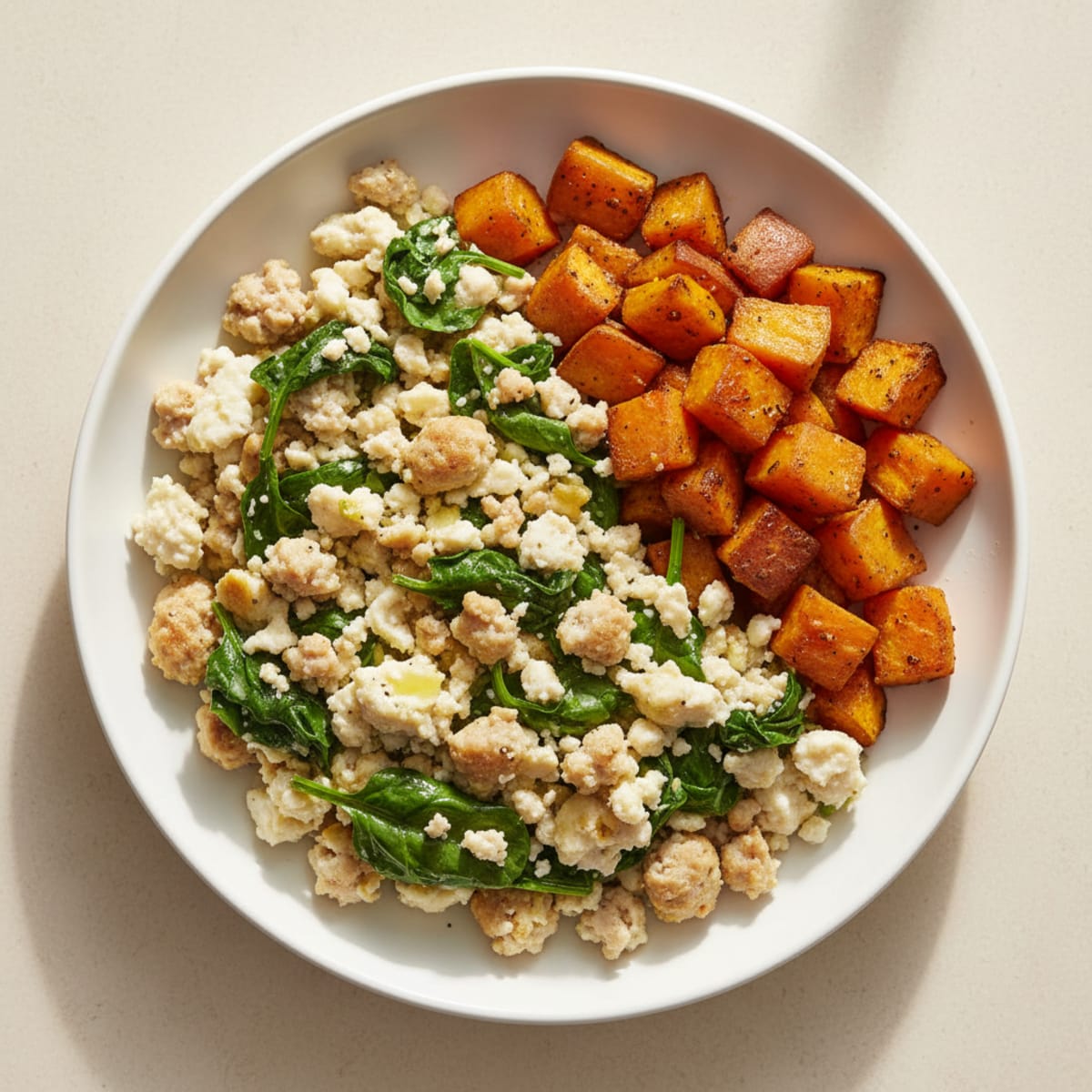 Egg White and Turkey Sausage Scramble with Spinach and Roasted Sweet Potatoes