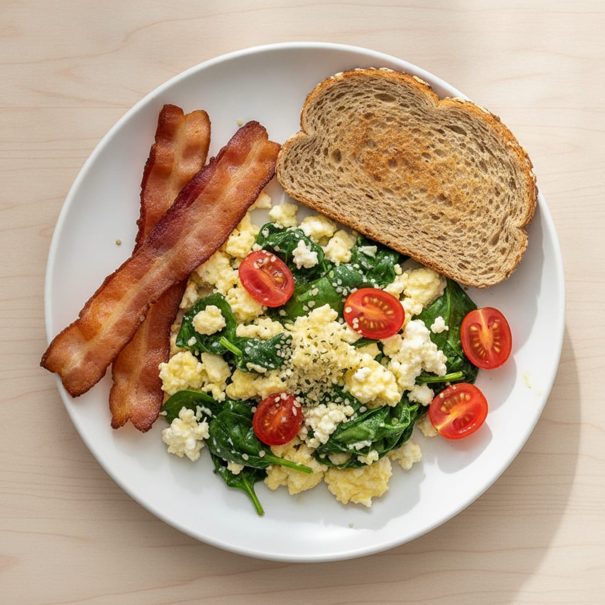 Cottage Cheese Egg Scramble with Sautéed Spinach and Cherry Tomatoes