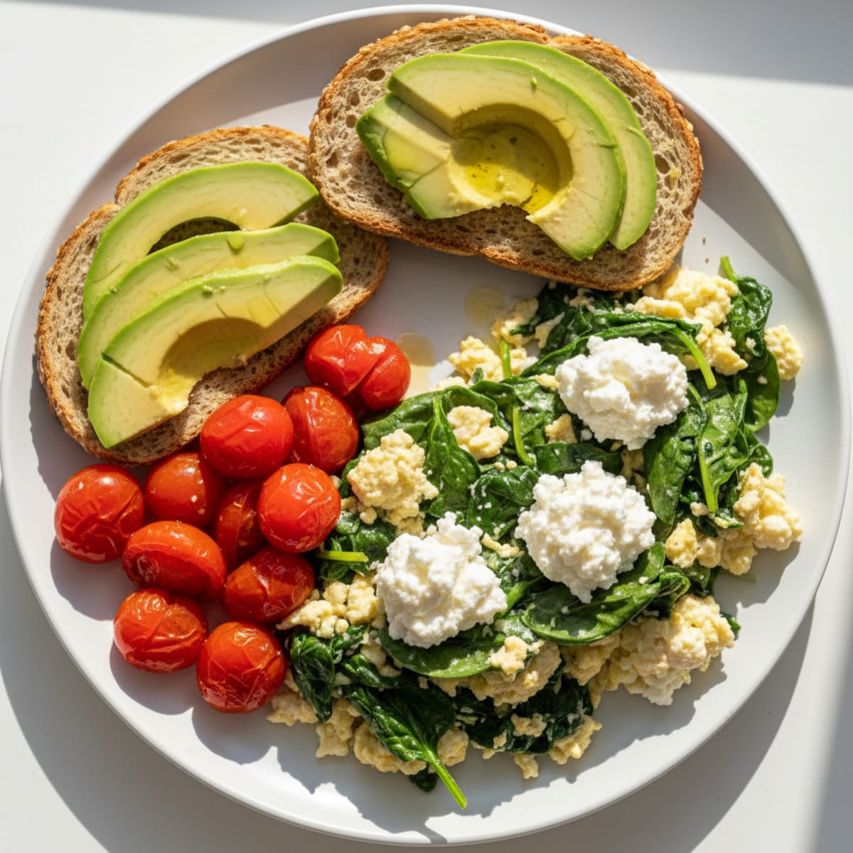 Egg White and Spinach Scramble with Cottage Cheese and Cherry Tomatoes
