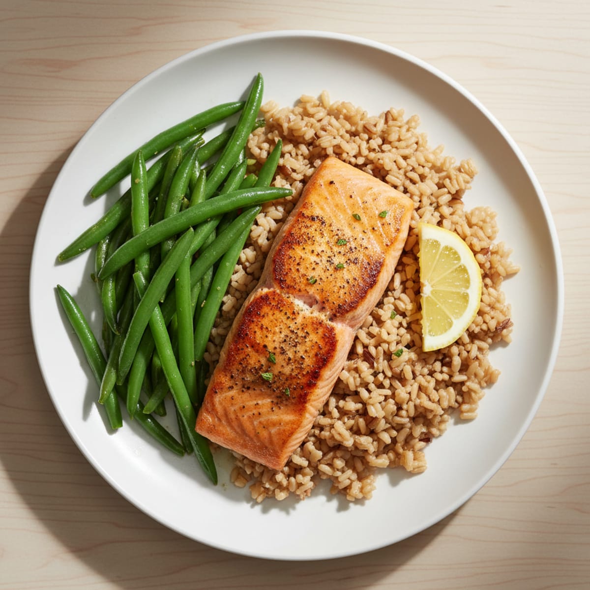 Seared Salmon Fillet with Steamed Green Beans and Brown Rice
