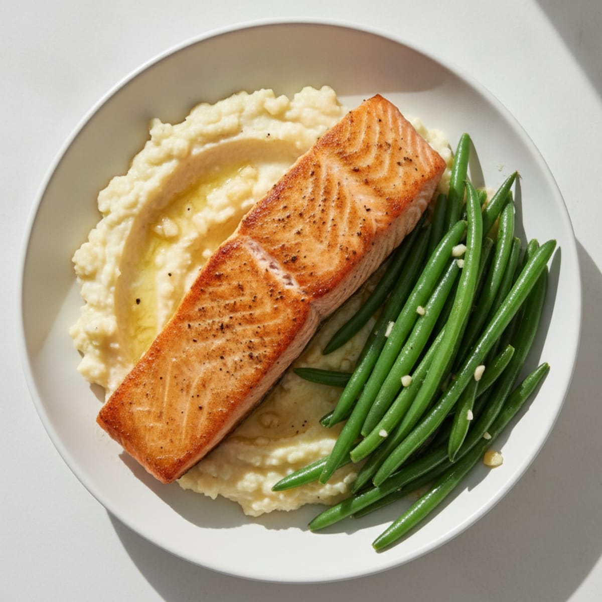 Seared Salmon with Steamed Green Beans and Garlic Mashed Cauliflower