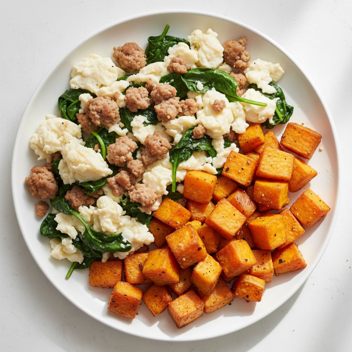 Egg White and Turkey Sausage Scramble with Sautéed Spinach and Roasted Sweet Potato